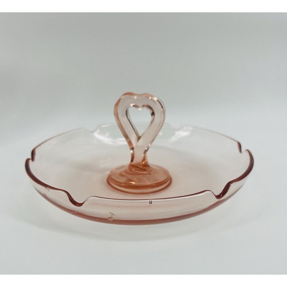 LE Smith Pink Depression Glass-Heart Handle-Trinket-Ash Tray Dish - Vintage